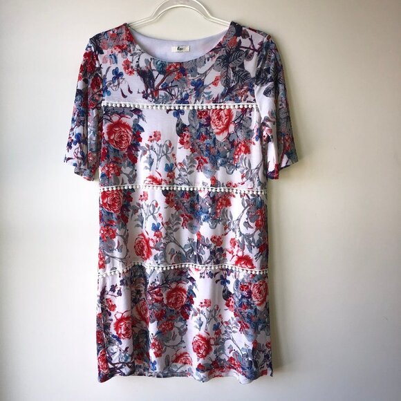 Egy California Floral Lace Detail Short Sleeve Shift Midi Dress Medium - Picture 1 of 10